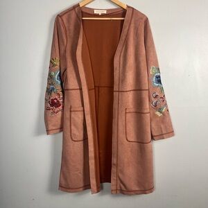 Solitaire Women’s Boho Faux Suede Floral Embroidered Jacket Mauve Pink large